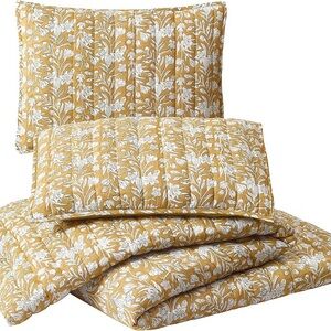 Laurel & Mayfair Gold Block Print Floral Cotton Voile Queen Quilt Set 3pc Gold